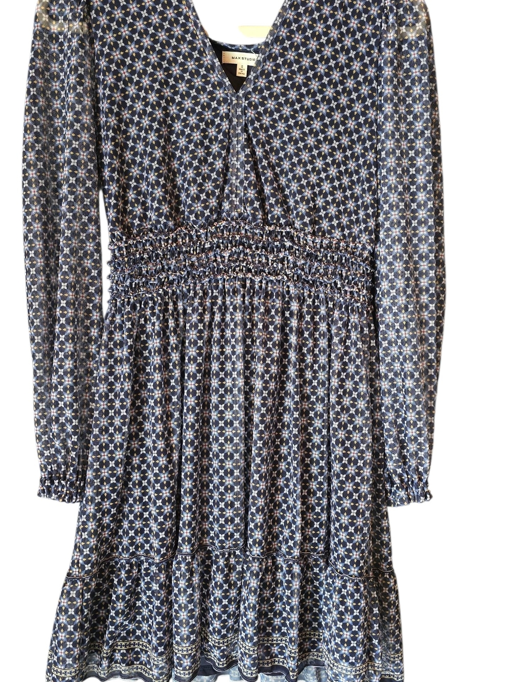 Max Studio Navy and White Long-Sleeve Smocked Waist Printed Dress